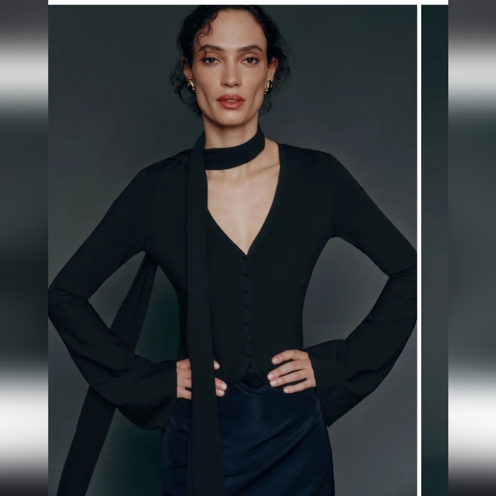 Reformation Black Long-Sleeve V-Neck Cardigan with Neck Scarf
